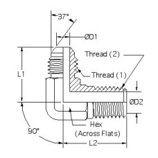 2501L-08-06, Hydraulic Adapters, Elbow, 90°, Male, Long, JIC-Pipe (NPTF) 3/8-18 3/4-16   